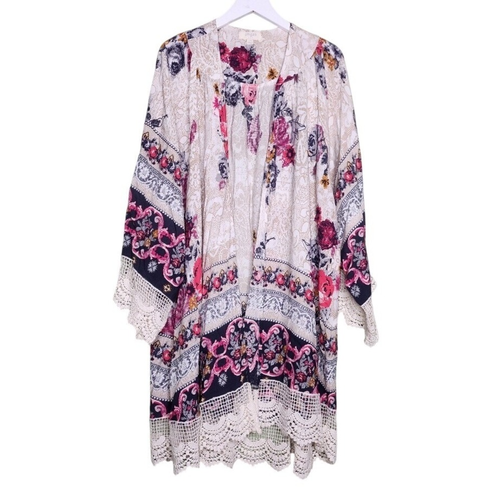 Umgee Floral Paisley Kimono Cardigan Crochet Lace Trim Cream Pink S/M‎ A1613